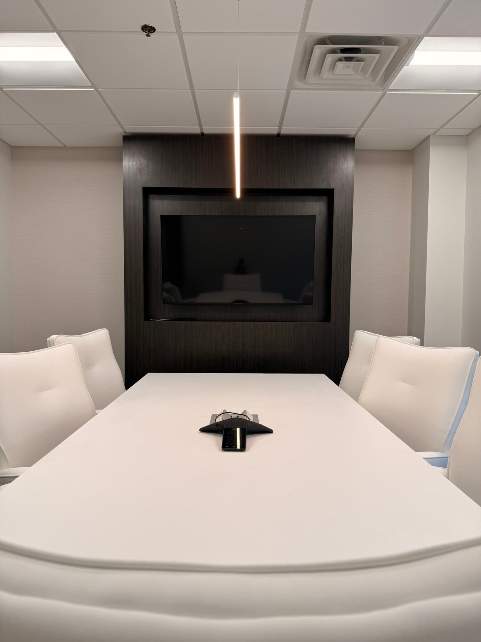 Green Wealth conference room detail — dark wood feature wall with pendant light and white table