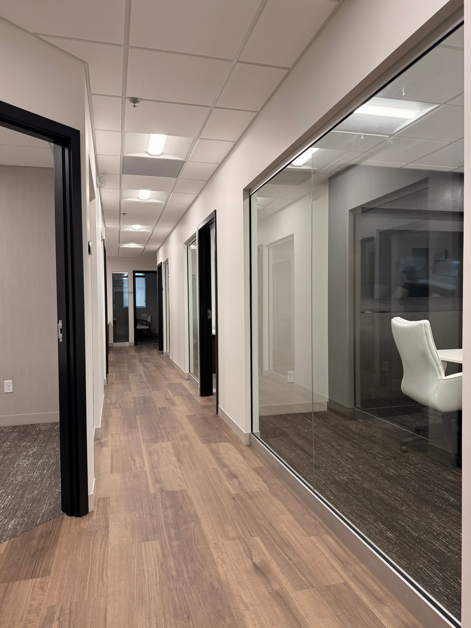 Green Wealth office corridor with glass-walled meeting rooms and wood flooring