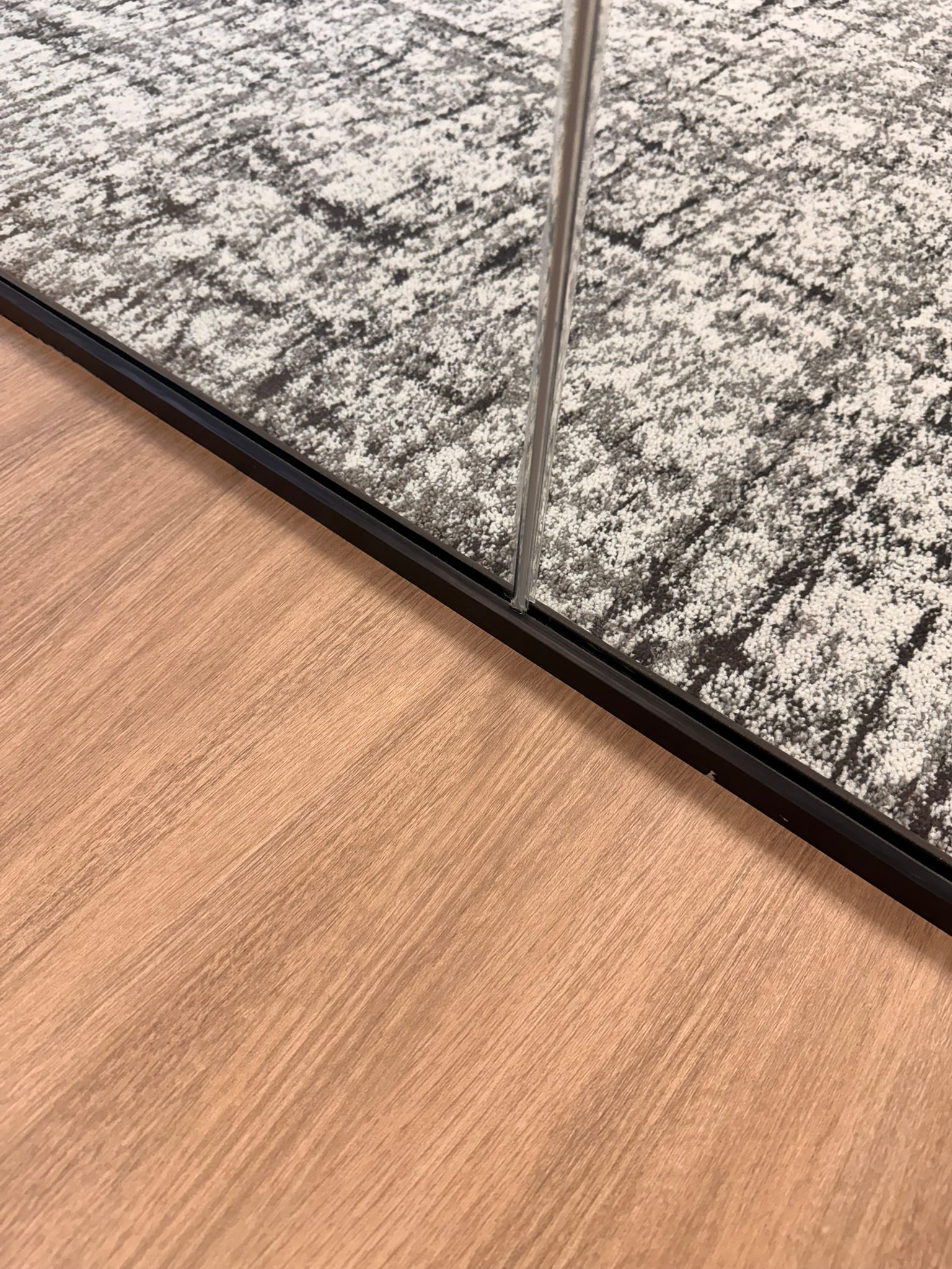 MSPA detail — black aluminum partition base transition between carpet tile and wood LVP